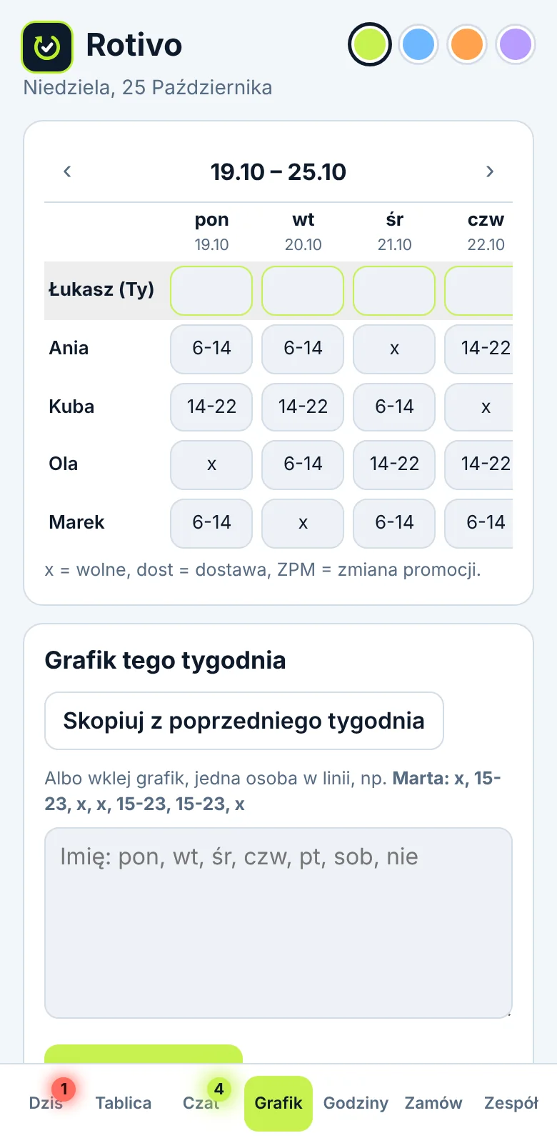 Ekran grafiku tygodniowego w aplikacji Rotivo