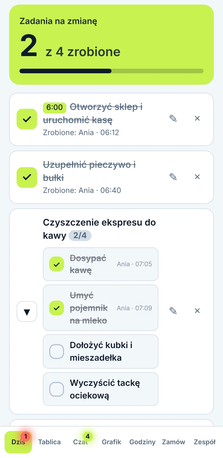 Ekran zadań na zmianę w aplikacji Rotivo: lista zadań z odhaczeniami i podpunktami